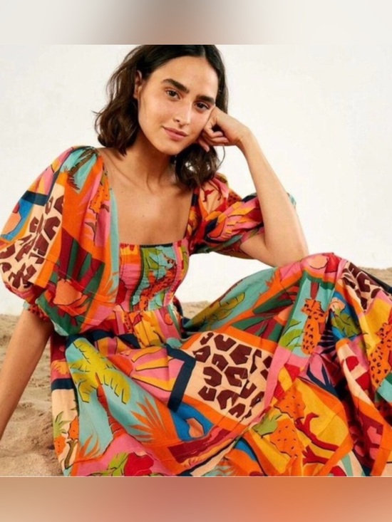 FARM Rio Dresses & Skirts - FARM RIO- Vibrant Multi-Color Print Puff Sleeve Maxi Dress (M)